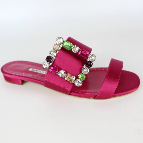 NEW MANOLO BLAHNIK Verda Crystal Buckle Slide Sandals - Picture 2 of 13